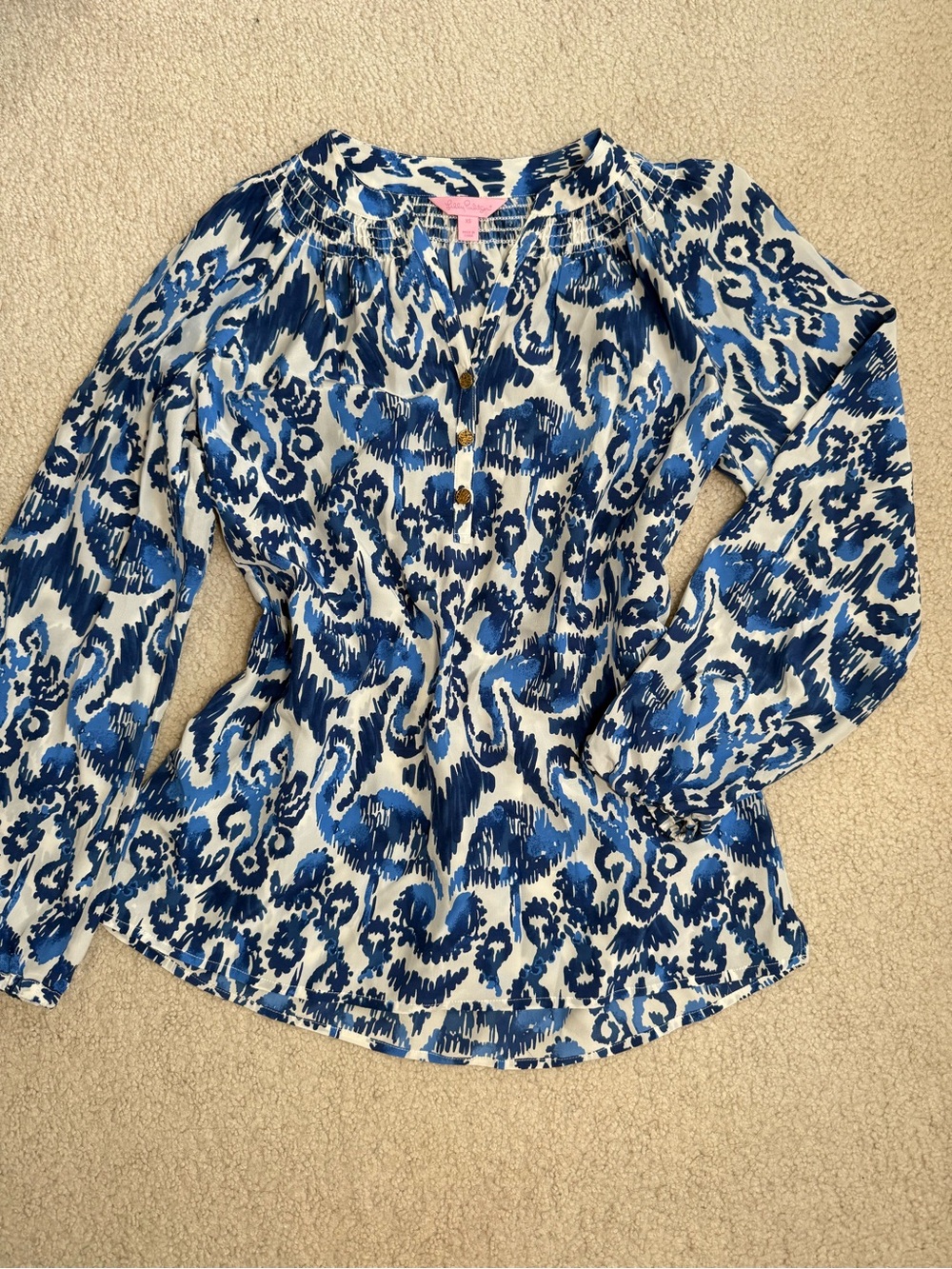 Lilly Pulitzer Elsa Silk Long Sleeve Top Flamingos Blue White - Size: XS